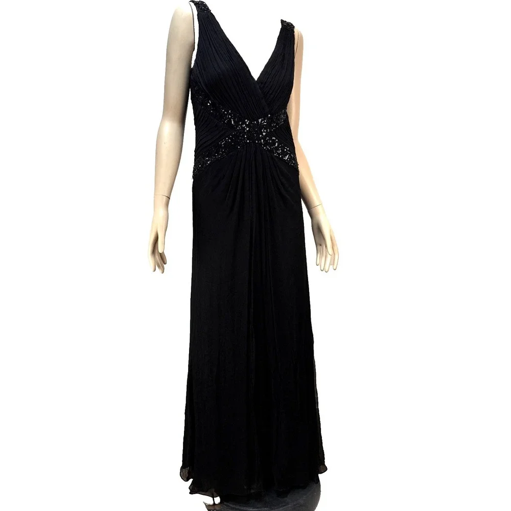 Tadashi Collection Long Evening Gown Size 10 Black Silk Chiffon Beaded V-Neck